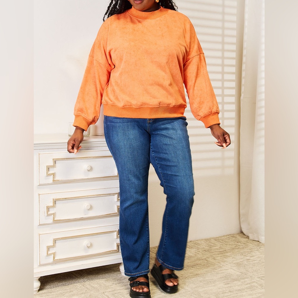 NEW Basic Bae Orange Vintage Wash Oversized Crew Neck Sweatshirt - Picture 5 of 8